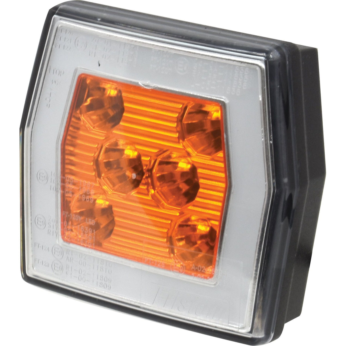 This rectangular, amber-colored LED Front Combination Light (12-36V, RH & LH) - S.143054 from Sparex features a clear cover and black casing with five hexagonal reflective sections. Suitable for various applications, it combines sleek design with durability. For detailed product specifications, refer to the manufacturer information provided.