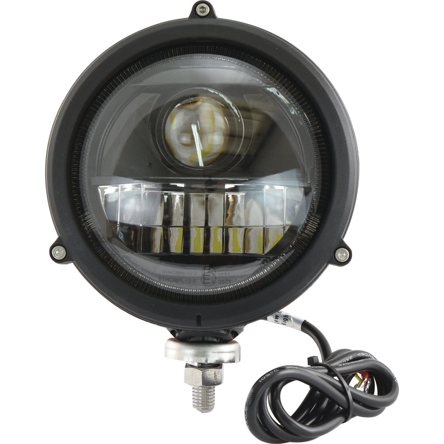 Close-up of a round black LED headlight from Sparex with a clear lens and attached wiring, providing 1200 - 1290 lumens raw and compatible with voltage ranges of 10-30V. Suitable for various vehicle models.