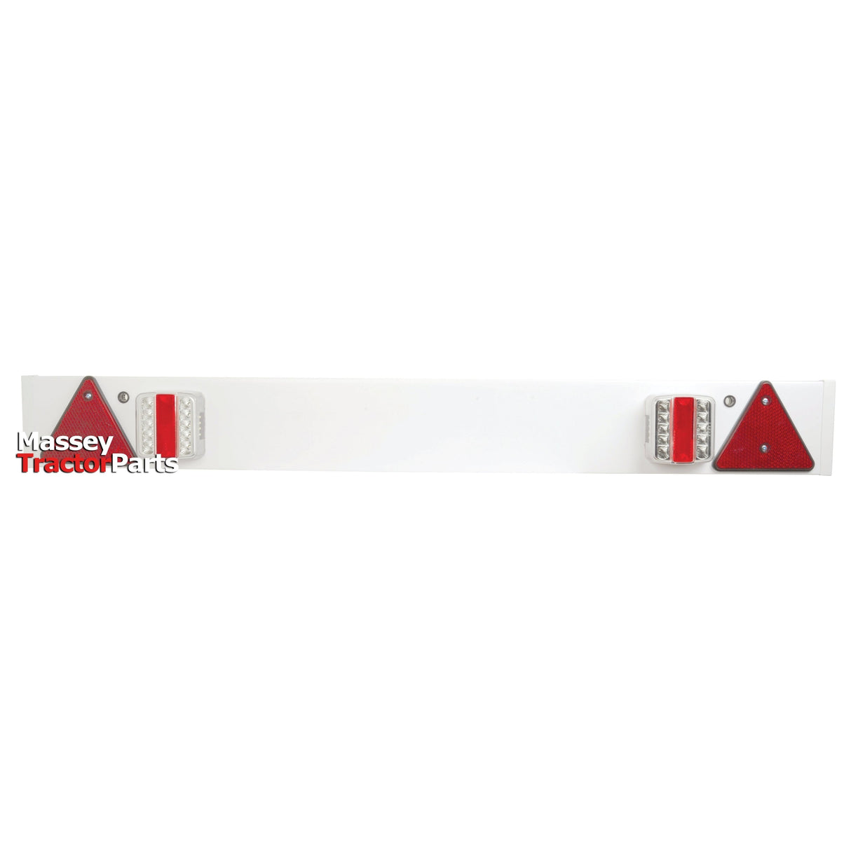 White rectangular Massey Tractor Parts panel with two red reflective triangles, each side equipped with red and white taillights, and a Sparex S.26298 LED Lighting Board featuring brake, tail, indicator, and number plate functions at 12V.