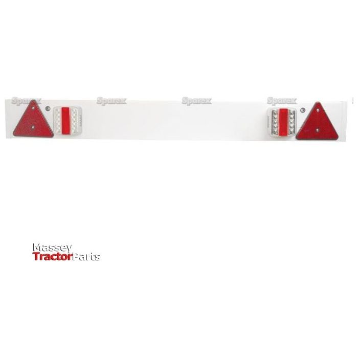 A white panel with red and white reflective triangular markers, labeled "Massey Tractor Parts" and "Sparex," featuring an S.26298 LED Lighting Board for enhanced durability, designed with brake, tail, indicator, and number plate functions at 12V.