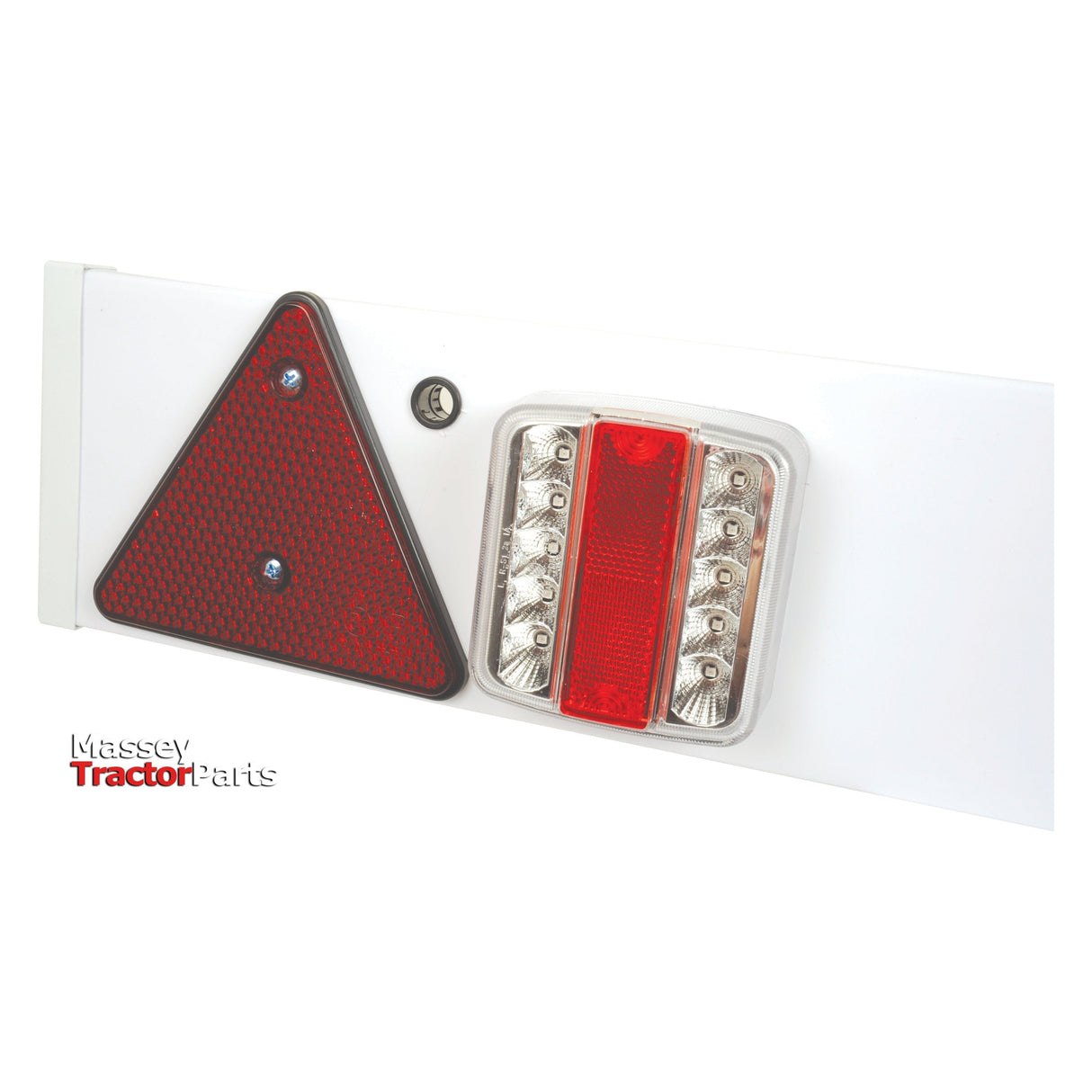 Close-up of a Massey tractor reflector and light assembly featuring a red triangular reflector on the left and rectangular red and clear lights on the right, all mounted on a white panel with an IP67 rating for durability. The setup includes the Sparex LED Lighting Board (S.26298), which offers functions for brake, tail, indicator, and number plate lighting at 12V.