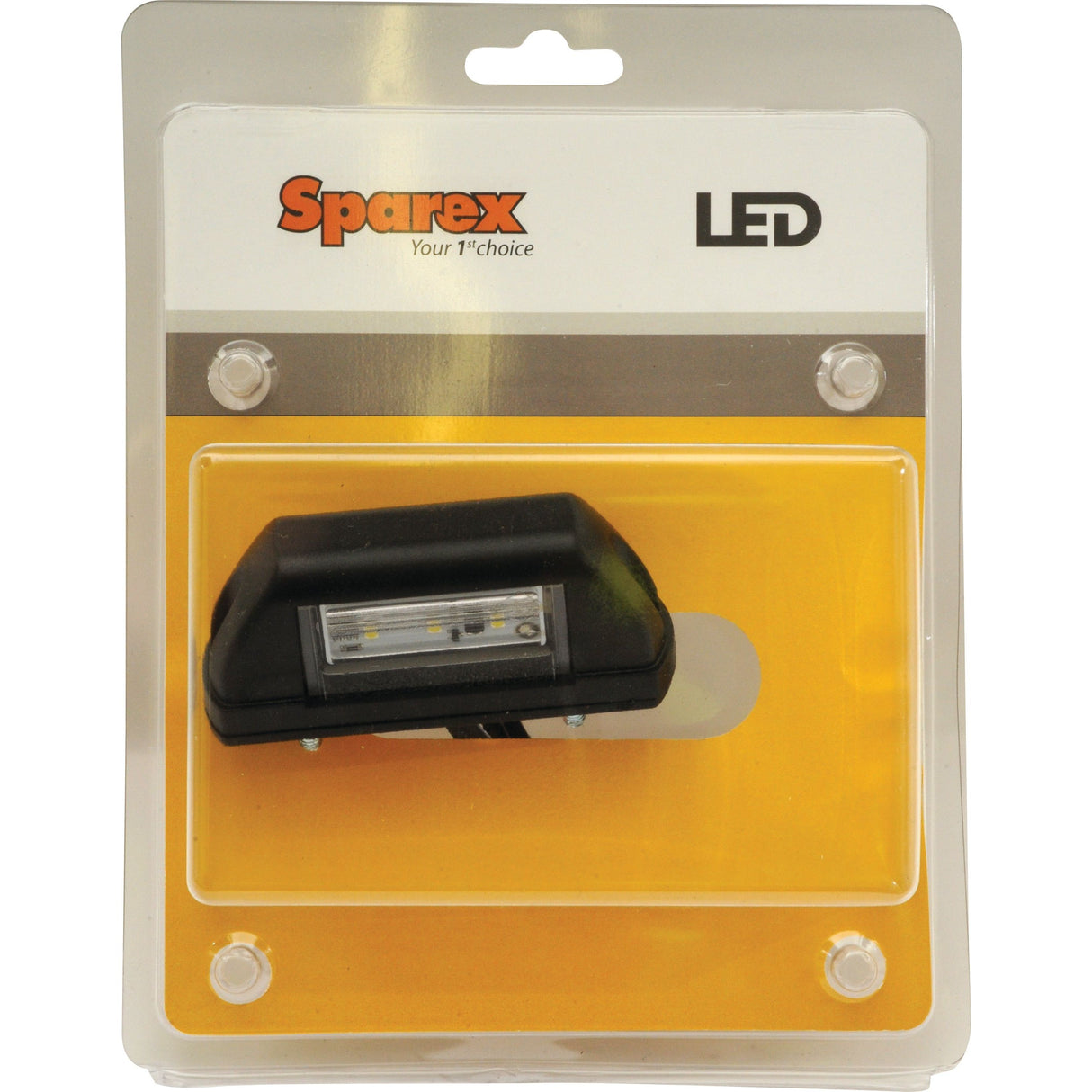 Packaging of the Sparex LED Number Plate Light, 12-24V (RH & LH) - S.113369, featuring the product inside a clear plastic blister pack on a yellow and grey backing card with the Sparex logo and "LED" text. Suitable for various usage scenarios, this LED light is manufactured to high standards.