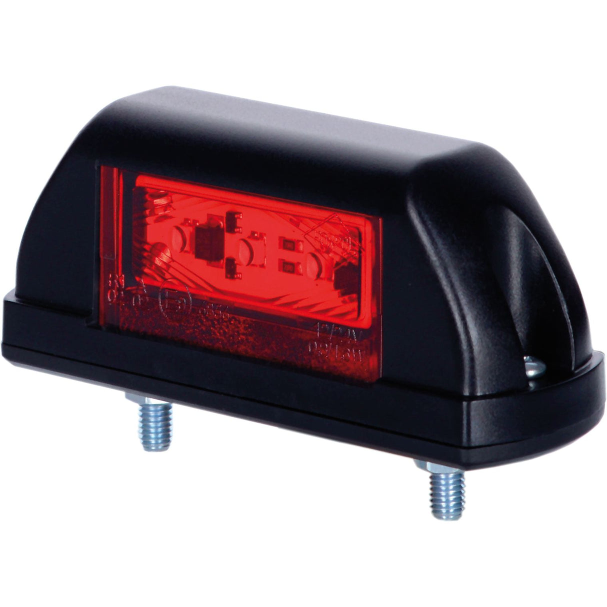 A Sparex LED Outline Front/Rear Facing Marker Light, RH & LH, 12-24V - S.113357 features a black and red design, is IP68-rated, and has two mounting bolts visible at the bottom.