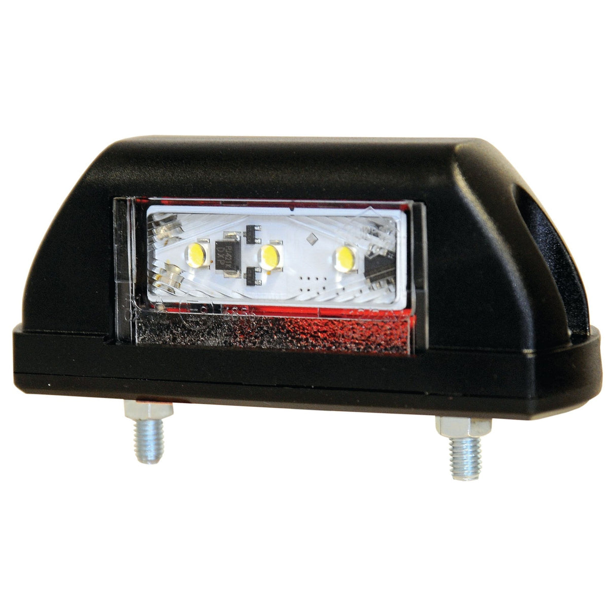 The Sparex LED Outline Front/Rear Facing Marker Light, RH & LH, 12-24V - S.113357 is a black fixture with two mounting bolts that houses multiple LEDs within a rectangular transparent casing and is IP68 rated for durability.