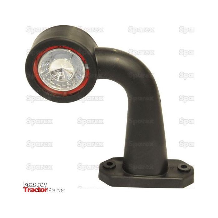 A black, curved LED Outline Front/Rear Facing Marker Light (RH & LH, 12-24V - S.113393) with a red-colored rim mounted on a rectangular base. The background features a faint "Sparex" watermark, and the product specifications are detailed.