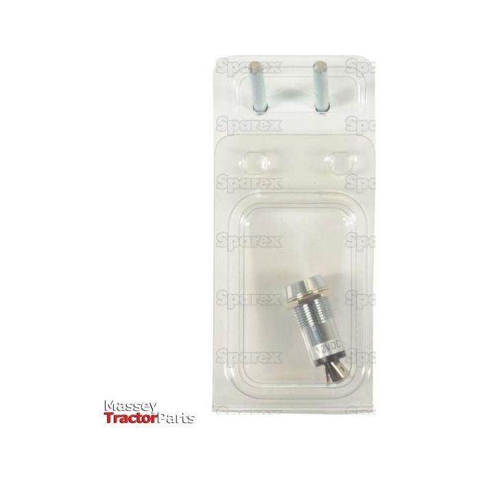 A packaged metal component labeled "12VDC" and featuring an LED light with two screws, branded by Sparex as the LED Panel and Dashboard Light (Agripak 1pc.) - S.20979.