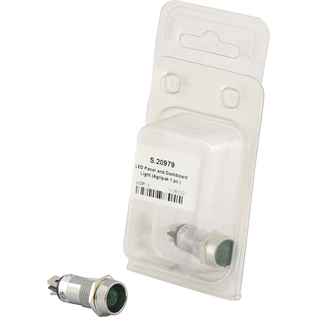 A packaged LED Panel and Dashboard Light (Agripak 1pc.) - S.20979 from Sparex lies next to another identical 12V LED light in transparent plastic packaging. Both have a green top and a metal body, with an attached label displaying the product details.