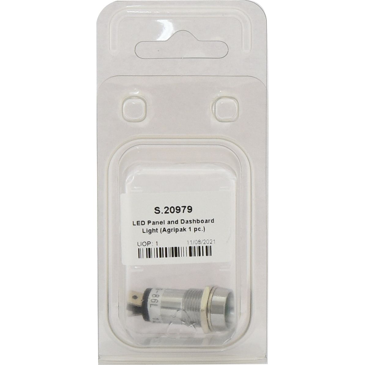 The packaging of the "LED Panel and Dashboard Light (Agripak 1pc.) - S.20979" by Sparex, enclosed in a transparent plastic blister pack, offers a clear view of the product inside. It includes a barcode and a production date marked as 11/09/2021. This 12V light guarantees optimal illumination for your vehicle's interior.
