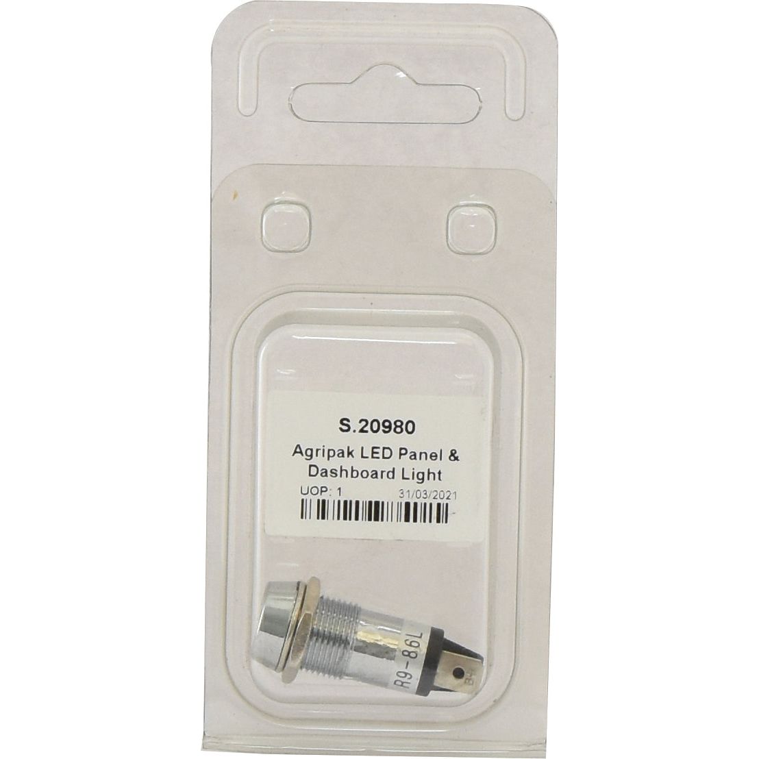 The packaging of the Sparex LED Panel and Dashboard Light (Agripak 1pc.) model S.20980, features a clear plastic cover and a detailed product label showing manufacturing specifics.