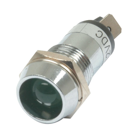 Close-up of a Sparex LED Panel and Dashboard Light - S.20972, a metal cylindrical electronic component with threads and labeling indicating "12VDC." The component features a 12V LED, has a green circular section at one end, and accommodates screw-type connectors.