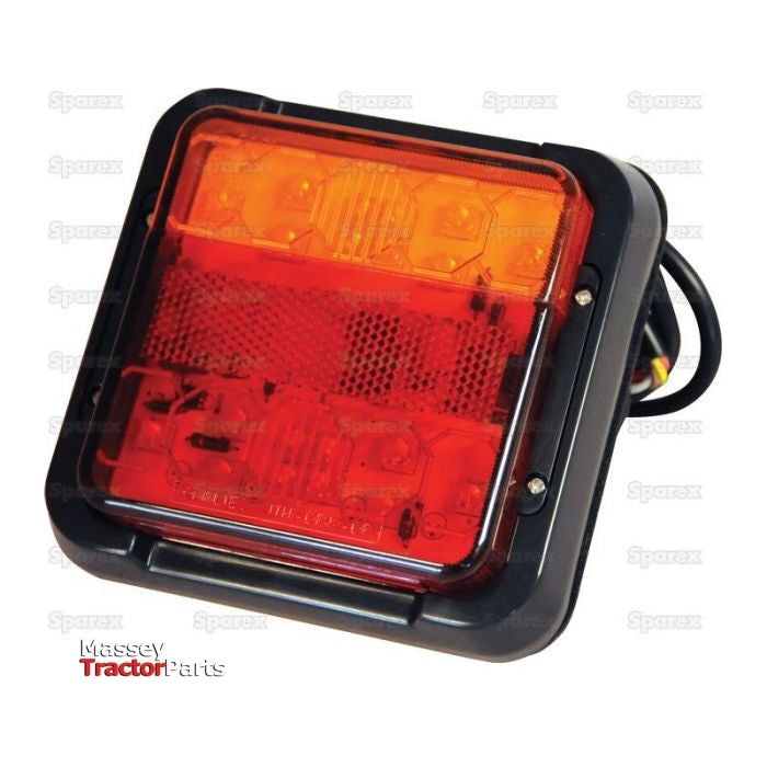 The Sparex LED Rear Combination Light, model S.112866, is designed for agricultural vehicles and features a square amber and red LED configuration. It includes the "Tractor Parts" text and is equipped with black housing, attached wiring, and an IP67 rating for durability. This versatile light supports three functions: brake, tail, and indicator, suitable for both right-hand (RH) and left-hand (LH) applications within a 12-24V range.