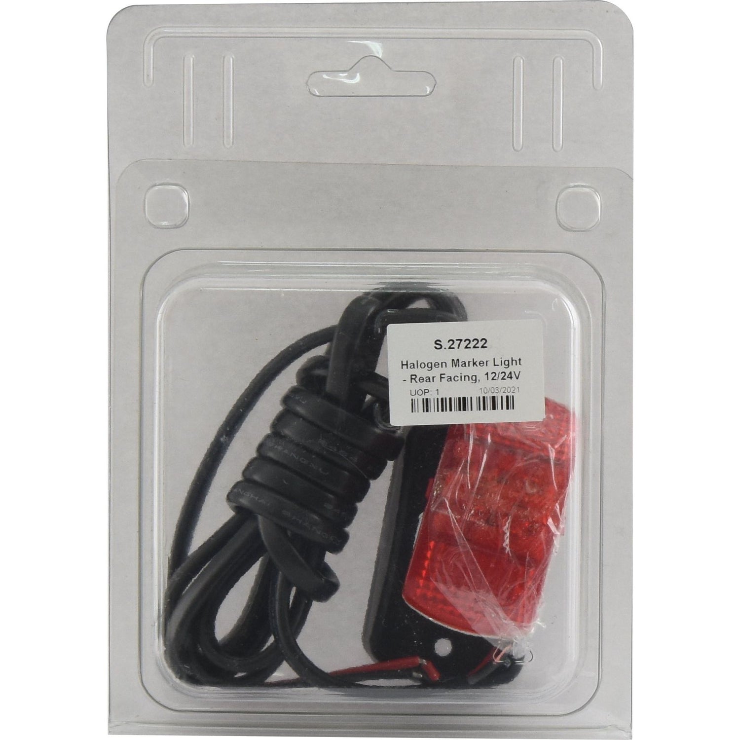 A packaged LED marker light with a red lens and black coiled wire, labeled "Sparex LED Rear Facing Marker Light, 12/24V - S.27222". ECE Approved for safety and reliability.
