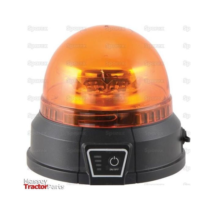 An amber LED rechargeable beacon light, Sparex S.162444, features a black base with an on/off switch and the "Massey Tractor Parts" label at the bottom left. It offers reliable IP65 protection and a convenient magnetic function for easy attachment, with 12-24V compatibility and interference Class 3 rating.