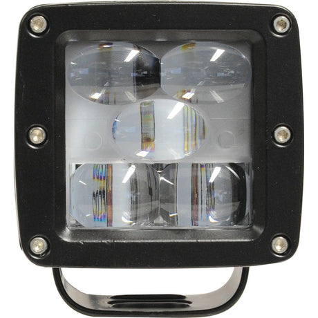 A square LED work light with four individual lenses housed in a durable black casing, featuring a mounting bracket and CE approval for reliable performance, known as the Sparex LED Red Work Light for Forklift Danger Area, rated IP69K and delivering 120 lumens at 10-80V (S.119779).