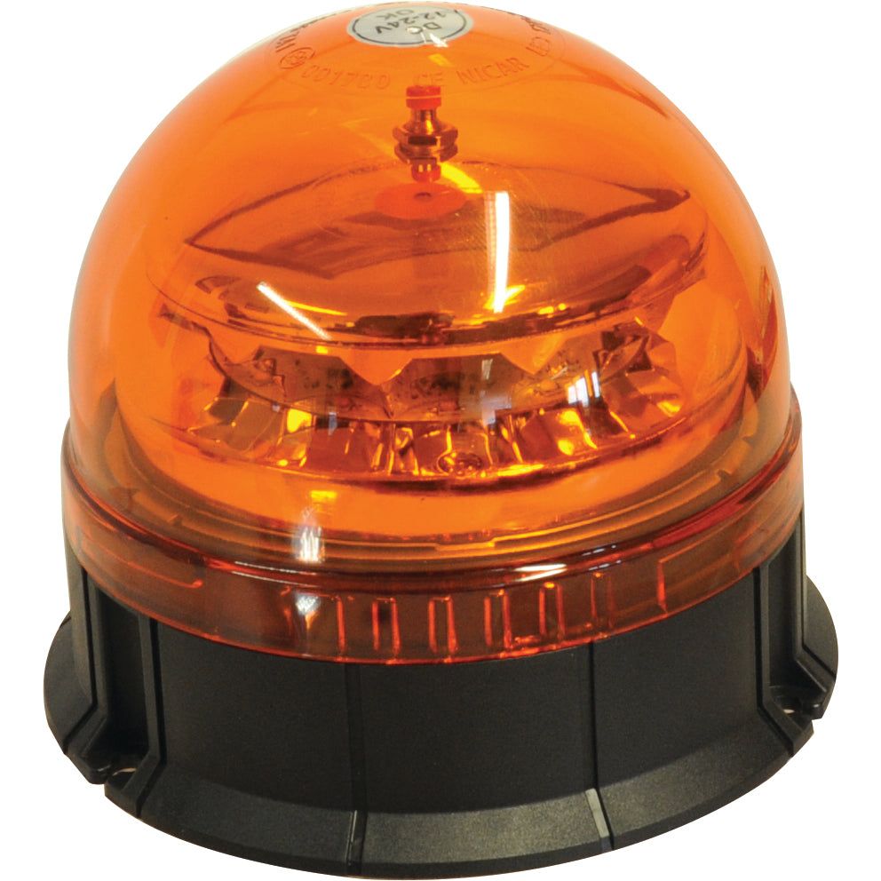 The Sparex LED Rotating Beacon (Amber), S.115169, is a dome-shaped strobe light with a black base, designed to meet stringent standards, operate on 12-24V power supply, and achieve Class 3 interference compliance.