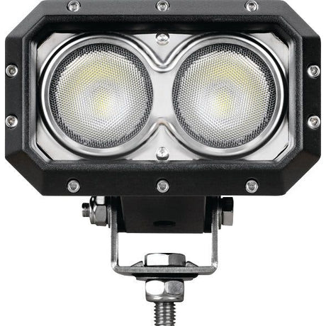 Close-up of the Sparex LED Work Light (Cree High Power), featuring a black, dual-lens design with a rectangular housing and silver mounting bracket. With 6000 Lumens Raw and a voltage range of 10-60V, this Class 3 interference work light is suitable for various environments, combining durability with high-performance illumination.