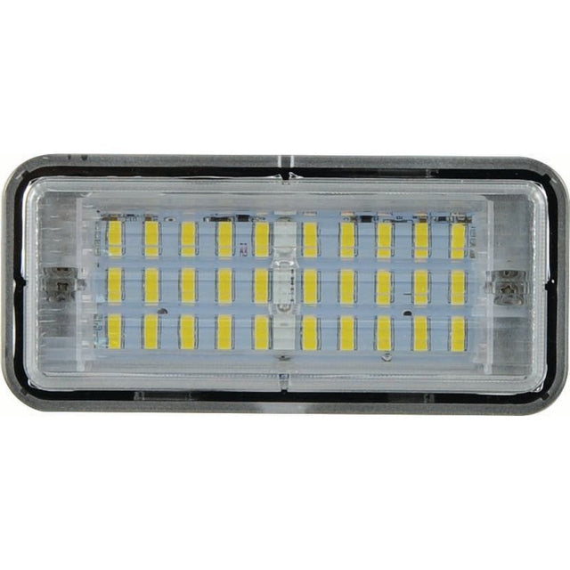 The John Deere LED Work Light by Sparex features multiple yellow diodes arranged in rows within a transparent casing. It offers 3500 lumens of raw brightness and meets IP69K standards for durability and water resistance.