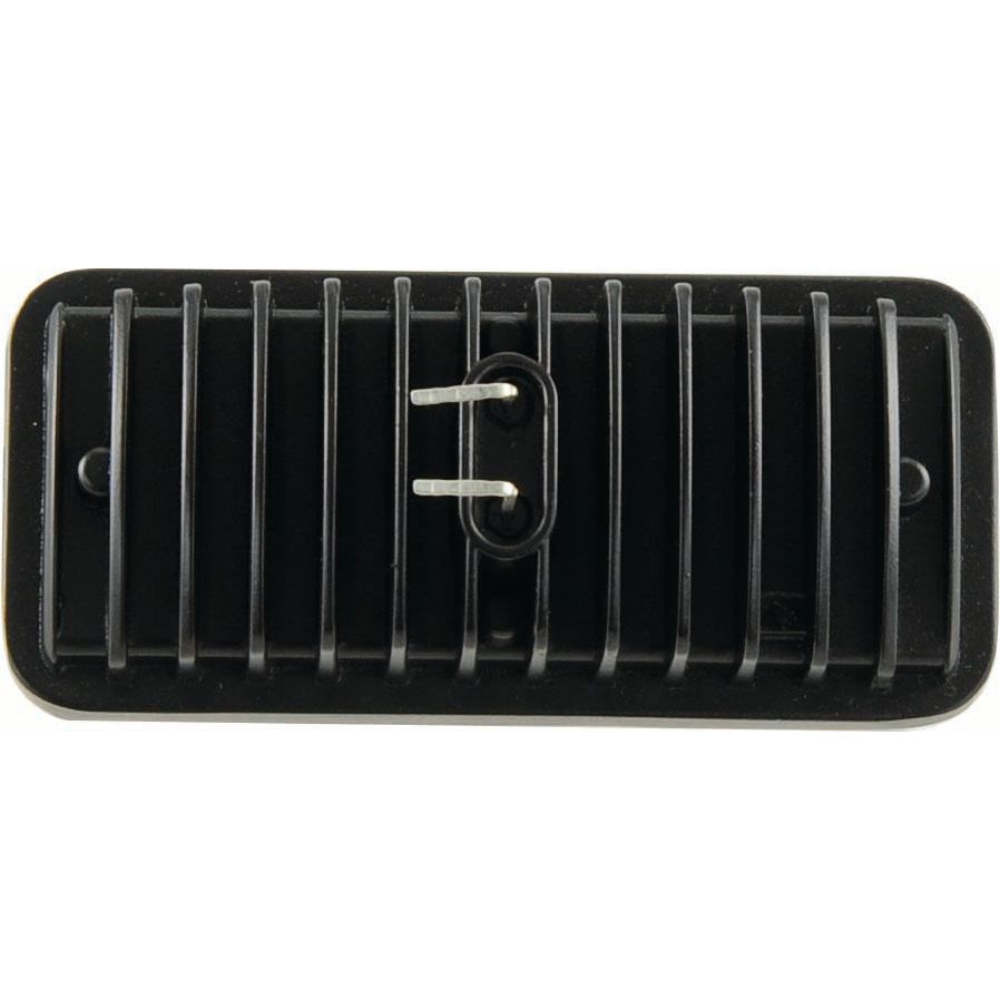 A black plastic rectangular grille cover with vertical slats and a metal U-shaped hook in the center, perfect for shielding your John Deere LED Work Light from Sparex, which provides 3500 Lumens.
