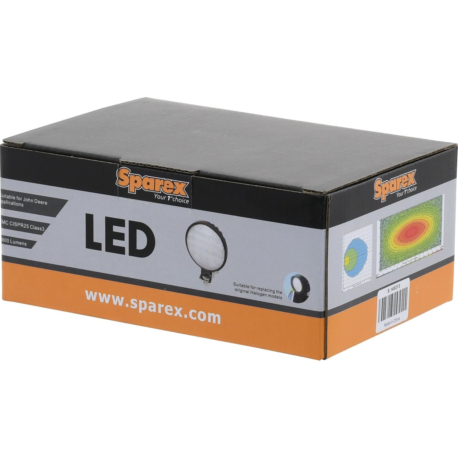 A box labeled "John Deere LED Work Light, Interference: Class 3, 4800 Lumens Raw, 10-30V - S.149213" from Sparex features product images, specifications like 4800 Lumens brightness, and a light dispersion diagram. The durable design is IP69K rated and specifically designed for John Deere machines.