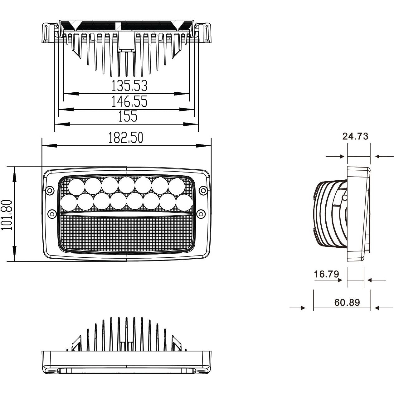 A detailed technical drawing of the Sparex LED Roof Work Light (Product S.119780) with heat-dissipating fins, illustrating the front, side, and top views with labeled dimensions in millimeters. The CE Approved design guarantees quality and safety, featuring Class 3 interference and delivering a raw output of 5400 lumens across a voltage range of 10-30V.