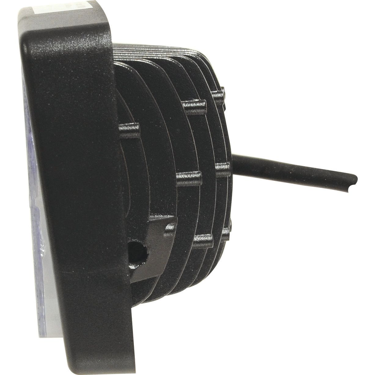 Side view of a CE Approved black Sparex LED Roof Work Light, Class 3 Interference, 5400 Lumens Raw, and operating at 10-30V (S.119780), featuring multiple ridges and a protruding wire, placed on a white background.