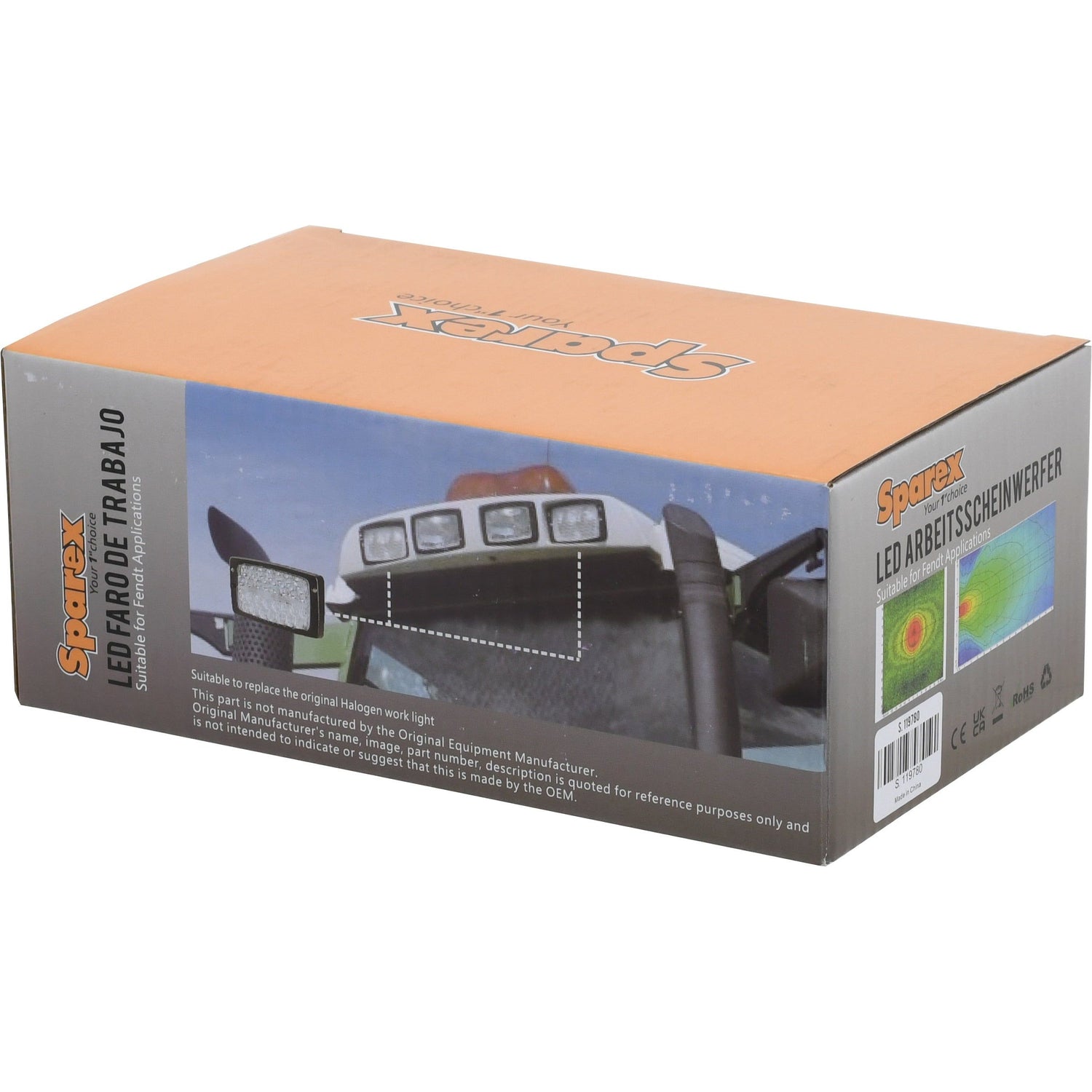 A box of Sparex LED Roof Work Lights for tractors, displaying the product image and specifications. The box is primarily orange, grey, and black, with text in Spanish and German. Featuring CE Approved components with an IP69K rating for maximum durability, the LED lights produce 5400 lumens raw and operate at 10-30V. Interference Class: Class 3 (S.119780).