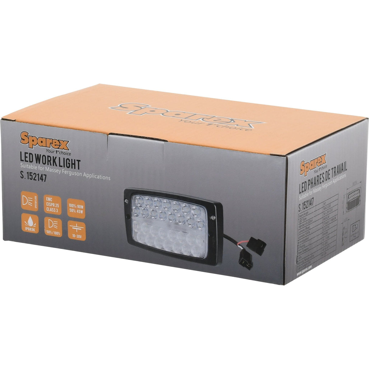 Box labeled "Sparex LED Roof Work Light" designed for Massey Ferguson applications, featuring product image, high/low beam options, and specifications with 9900 lumens raw output and an IP6K9K rating for durability.