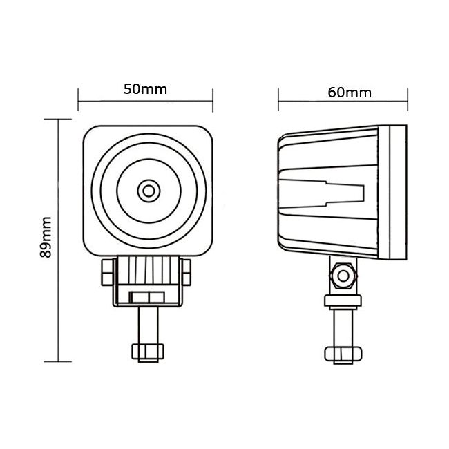 Technical drawing of the LED Work Light (model S.24775 by Sparex), an L-shaped device constructed with an aluminium housing, featuring front view and side view dimensions labeled as 50mm width, 60mm depth, and 89mm height.