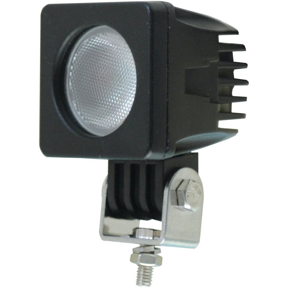 The Sparex LED Work Light (S.24775) is a black spotlight with a square design, integrated cooling fins, and an IP67 rating. It mounts on an adjustable bracket with a screw for attachment and features a durable aluminum housing.