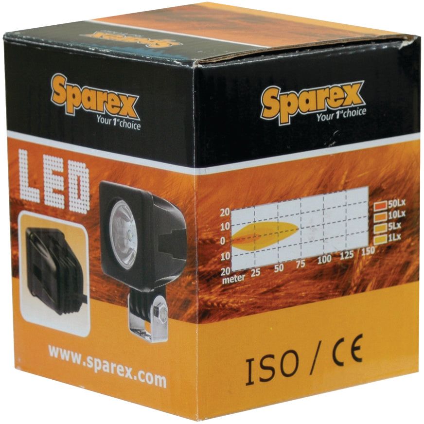 A box of Sparex LED Work Light (S.24775), showcasing the product image, range chart, and certifications like ISO and CE, with an IP67 rating and durable aluminium housing.