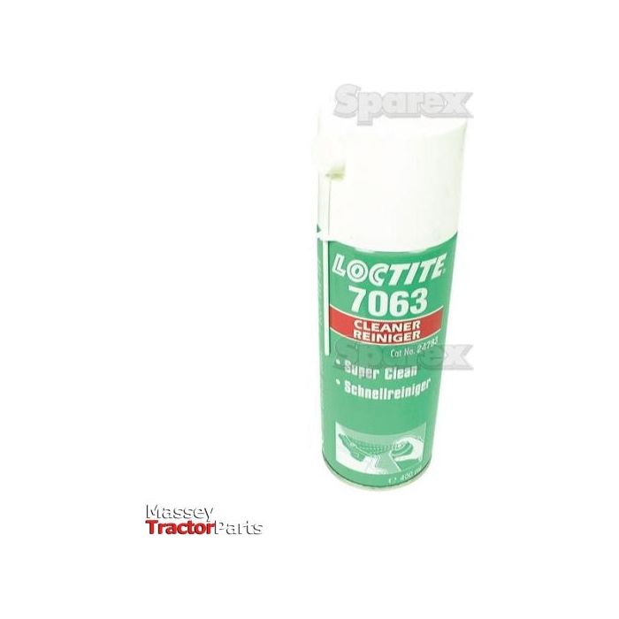 A white and green spray can of LOCTITE® SF 7063 Parts Cleaner - 400ml - S.50952 from Sparex, labeled "Super Clean Schnellreiniger," stands upright. This solvent-based parts cleaner is designed for efficient removal of contaminants.