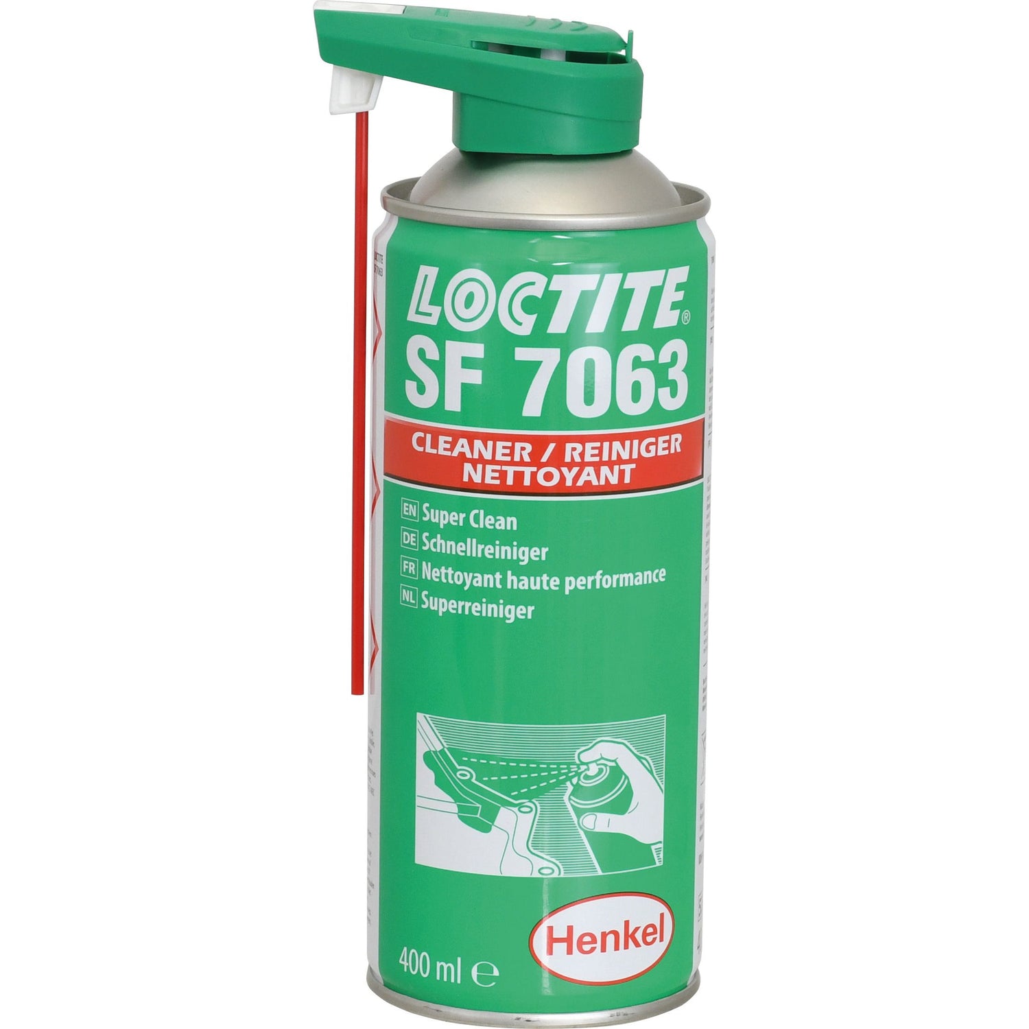 A 400 ml can of LOCTITE® SF 7063 Parts Cleaner (S.50952) by Sparex, featuring a green and white design with a red straw nozzle and multilingual labeling.