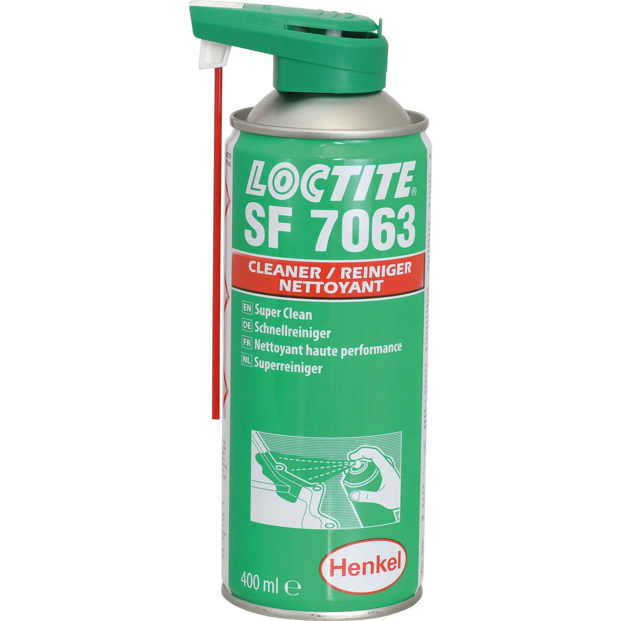 A 400 ml can of LOCTITE® SF 7063 Parts Cleaner (S.50952) by Sparex, featuring a green and white design with a red straw nozzle and multilingual labeling.
