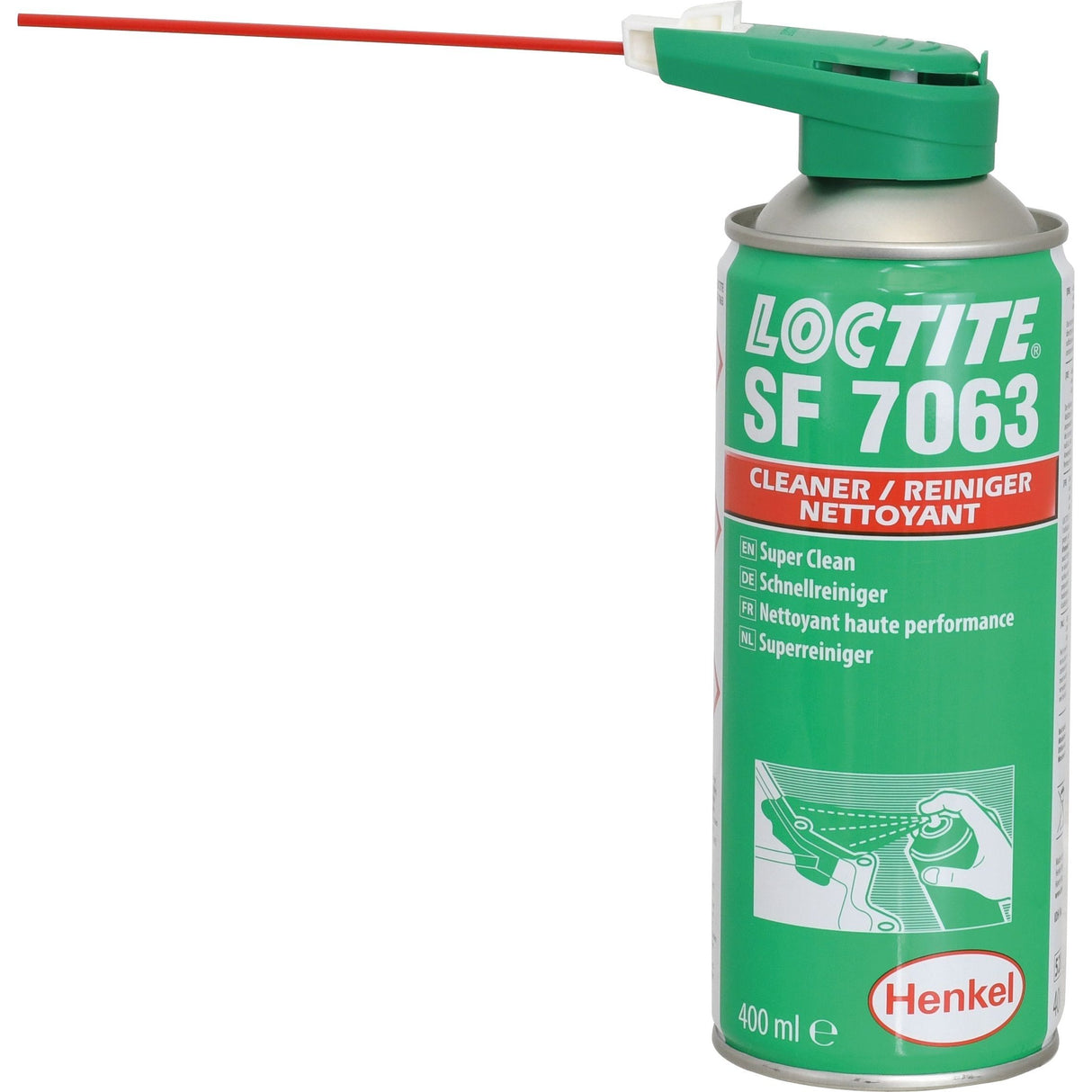 A green and silver aerosol can labeled "LOCTITE® SF 7063 Parts Cleaner - 400ml - S.50952" under the brand name Sparex, used as a solvent-based cleaner. The can features a green nozzle with a red straw for precise application. Ideal as a parts cleaner, it contains 400 ml of cleaning solution.