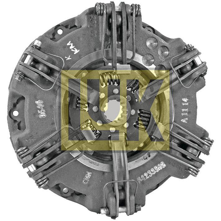 A close-up of a mechanical clutch plate featuring prominent metal components and springs, showcasing Sparex's engineering in the Clutch Cover Assembly - S.145407. The image is partially overlaid with a yellow "UK" logo.