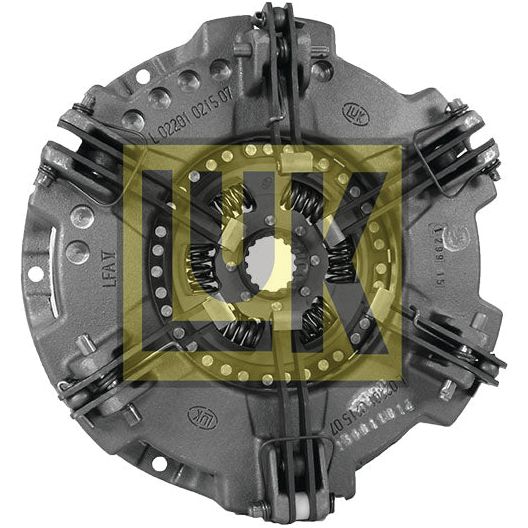 A metal automotive clutch assembly with the Sparex brand logo superimposed in yellow, featuring a dual cover design, known as the Clutch Cover Assembly - S.145469.