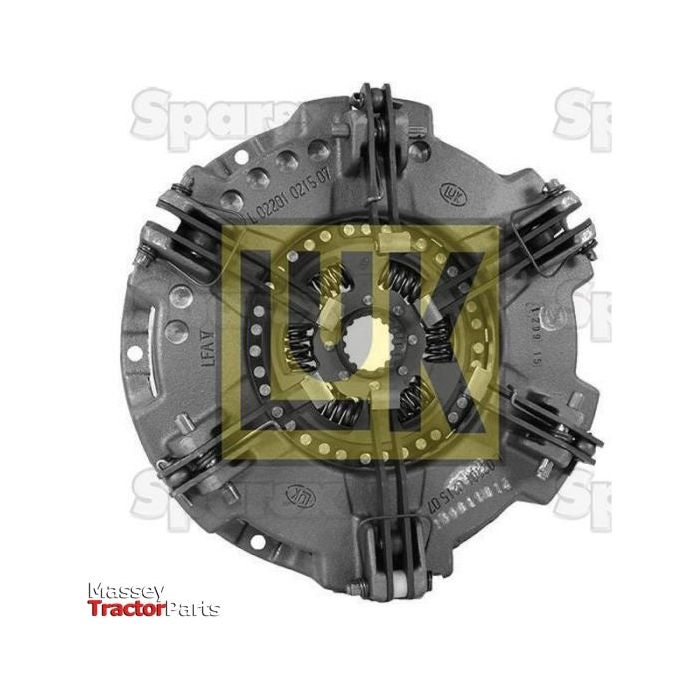 Close-up of a Clutch Cover Assembly - S.145469 part with visible springs and metal components. The image includes "Sparex" and "Massey Tractor Parts" logos in the background, showcasing LUK Captive Disc technology.
