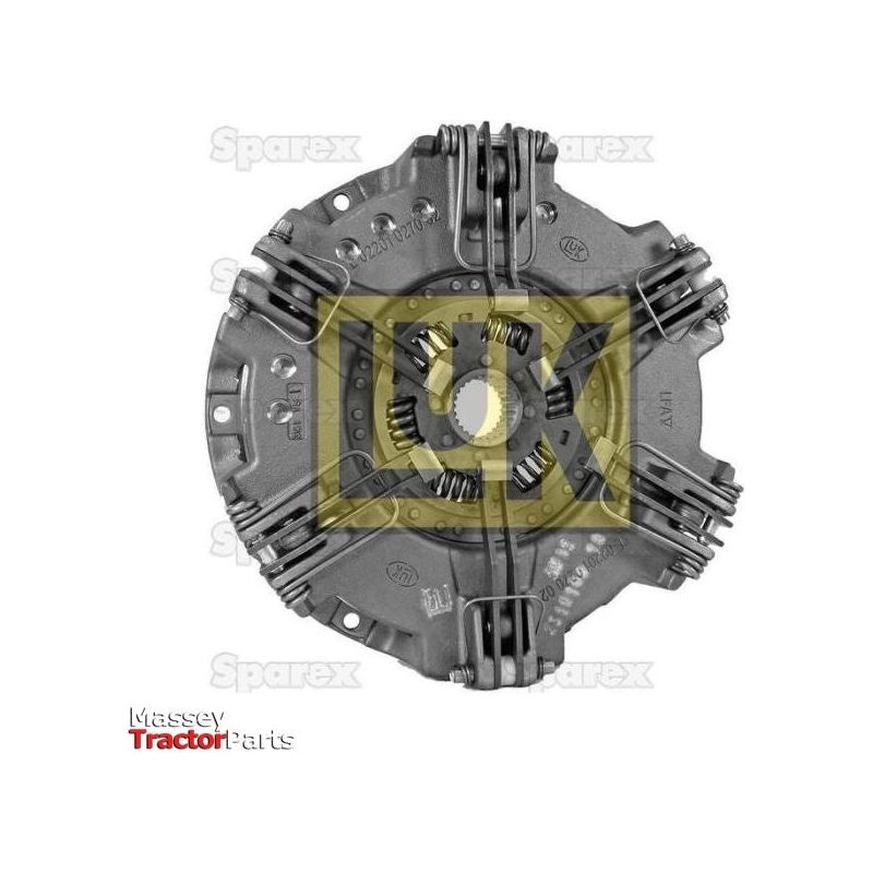 Close-up of a circular metallic tractor part with text "LUK" and "Sparex" on it. A small "Massey Tractor Parts" logo appears in the bottom left corner, highlighting the robust cast iron housing of the Clutch Cover Assembly - S.72582 by Sparex.