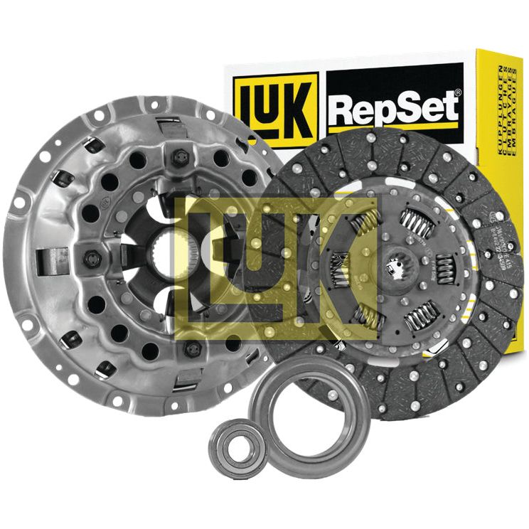 The Sparex Clutch Kit with Bearings - S.118972, featuring a pressure plate, an organic material clutch disc, release bearing, and alignment tool, is displayed in front of its packaging.