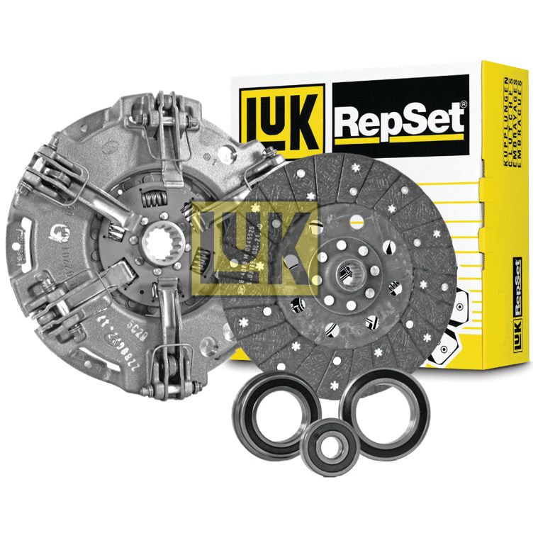 A Sparex Clutch Kit with Bearings - S.122174 is displayed, featuring clutch components and transmission bearings, with a yellow box in the background labeled with the Sparex logo.