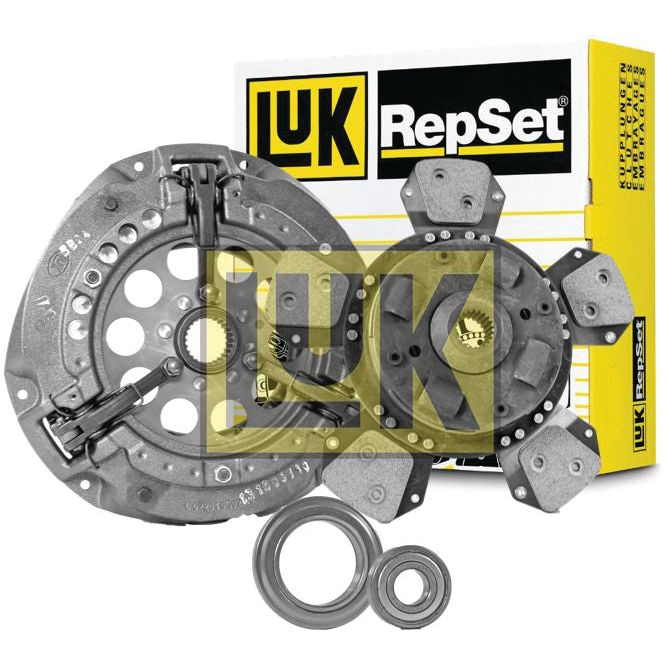 An image of the Clutch Kit with Bearings - S.127074 by Sparex, showcasing a pressure plate, cerametallic disc, release bearing, and pilot bearing, with the product packaging in the background. The Sparex logo is prominently displayed.
