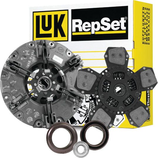 Displayed in front of a yellow and white packaging box, the Sparex Clutch Kit with Bearings - S.127227 includes components such as a clutch disc, pressure plate, release bearing, and pilot bearing. This kit also features advanced cerametallic materials for enhanced durability.