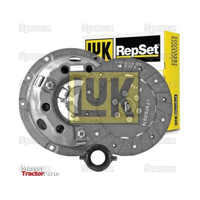Close-up image of a Sparex Clutch Kit with Bearings - S.146437, featuring the clutch disc, pressure plate, and release bearing. The yellow and black packaging with the Sparex Cover is visible in the background.