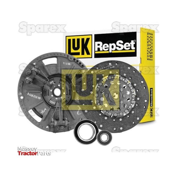 A Sparex Clutch Kit with Bearings - S.146572, showcasing an organic disc, pressure plate, and bearings, displayed in front of the product packaging.