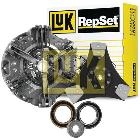 Image of a clutch kit with various components, including a pressure plate, friction disc, and bearings. The packaging for Sparex Clutch Kit with Bearings - S.146624 is visible in the background. The pressure plate showcases a durable cast iron construction for enhanced longevity.