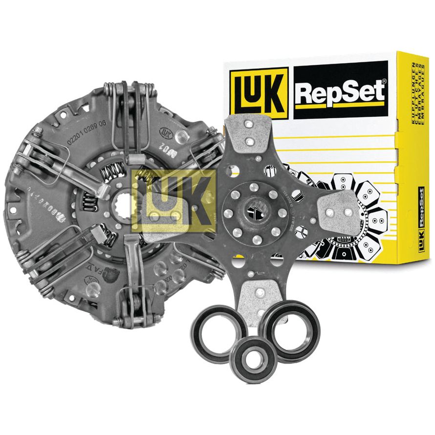 A Sparex Clutch Kit with Bearings - S.146699, which includes a pressure plate assembly, cerametallic disc, clutch disk, release bearing, and other components, is displayed next to its branded packaging box.