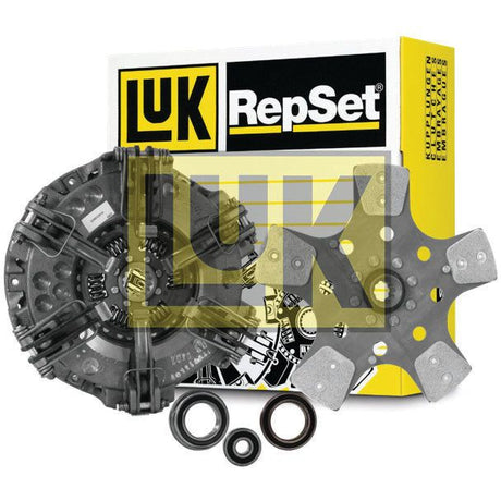 A Sparex Clutch Kit with Bearings (S.146750) is displayed with various components, including a cast iron pressure plate, friction disc, release bearing, and other small parts, against a branded yellow and black box.