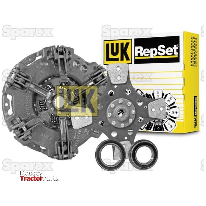 The Clutch Kit with Bearings - S.146759 by Sparex, which includes various components such as a pressure plate and bearings, is displayed next to a yellow and black box labeled "LUK RepSet," featuring the advanced LUK Captive Disc for superior performance.