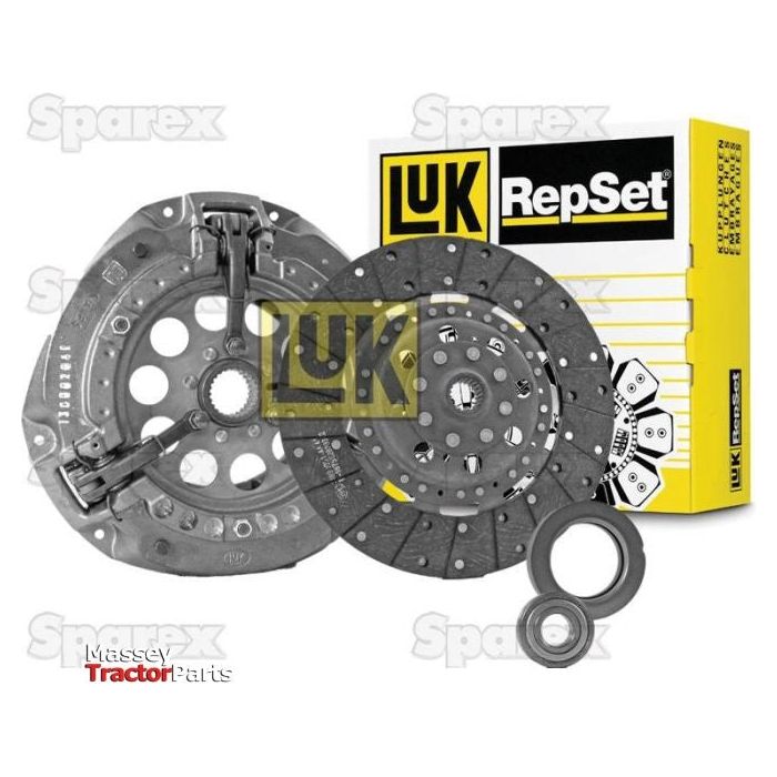 An image features the LUK RepSet Clutch Kit with Bearings - S.146821, showing a pressure plate, loose disc, and bearings placed in front of a branded Sparex box. The background displays the text "Massey Tractor Parts" and "Sparex.