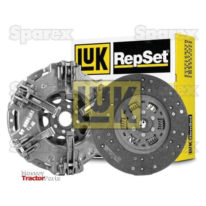 Two automotive clutch discs, including a Clutch Kit with Bearings - S.146856, are displayed in front of a yellow and white branded box labeled "LUK RepSet". The background shows a watermark reading "Sparex", highlighting the premium quality.